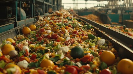 Overflowing conveyor belt of discarded fruits and vegetables in a processing facility