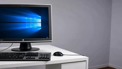 A desktop computer setup with a dark screen displaying windows, keyboard and mouse