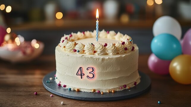 Celebration of a special milestone surrounded by joy and colorful decorations with a delicious cake adorned with a candle 43th