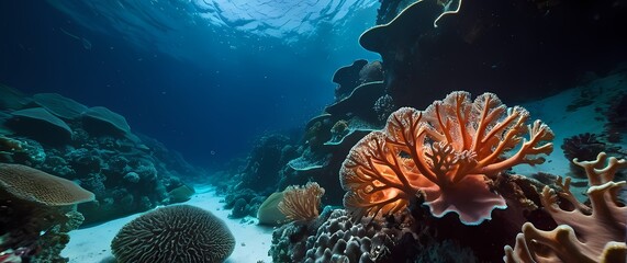 Fototapeta premium Enchanting scene of sponge like coral formations under the sea teeming with life and showcasing the vibrancy of the underwater world