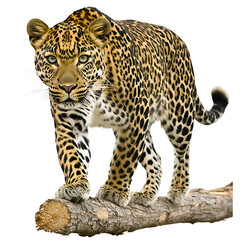 Obraz premium A poised leopard, with speckled coat and piercing gaze, stands elegantly atop a weathered, fallen log against a white background.
