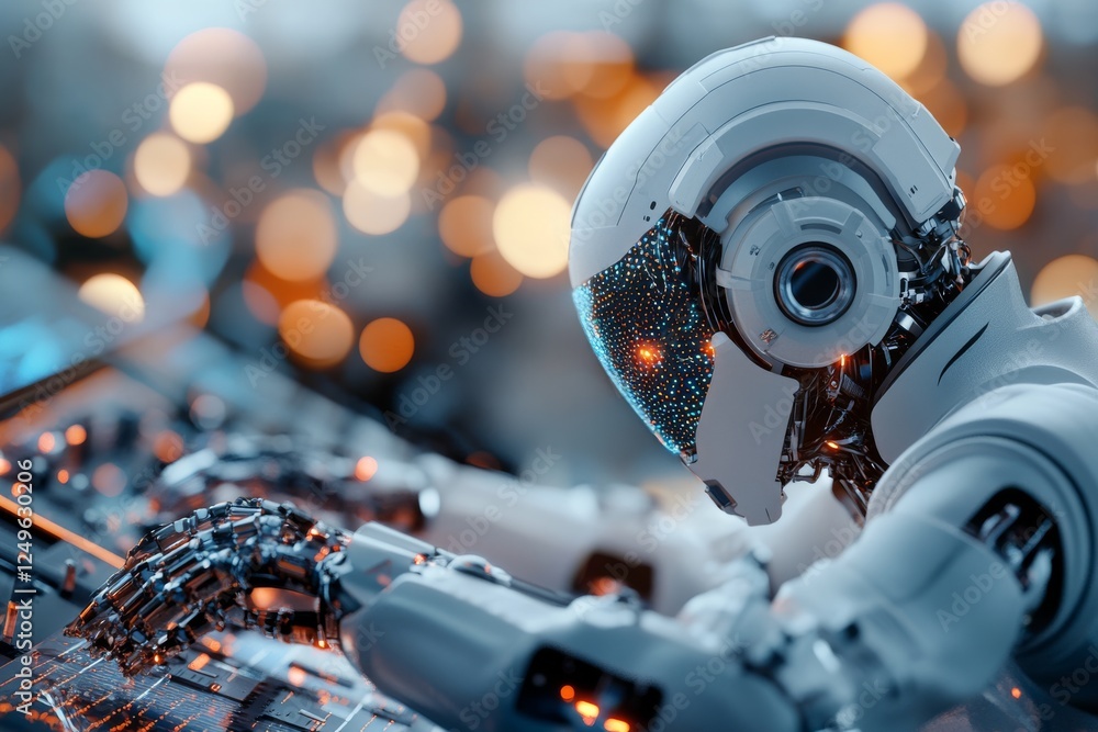 Poster robot focused on complex calculations in a futuristic environment with glowing elements