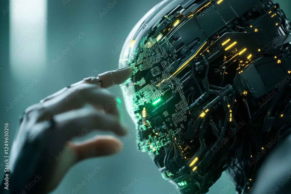 Poster advanced robotics design showcases intricate details in a futuristic environment with luminous circu