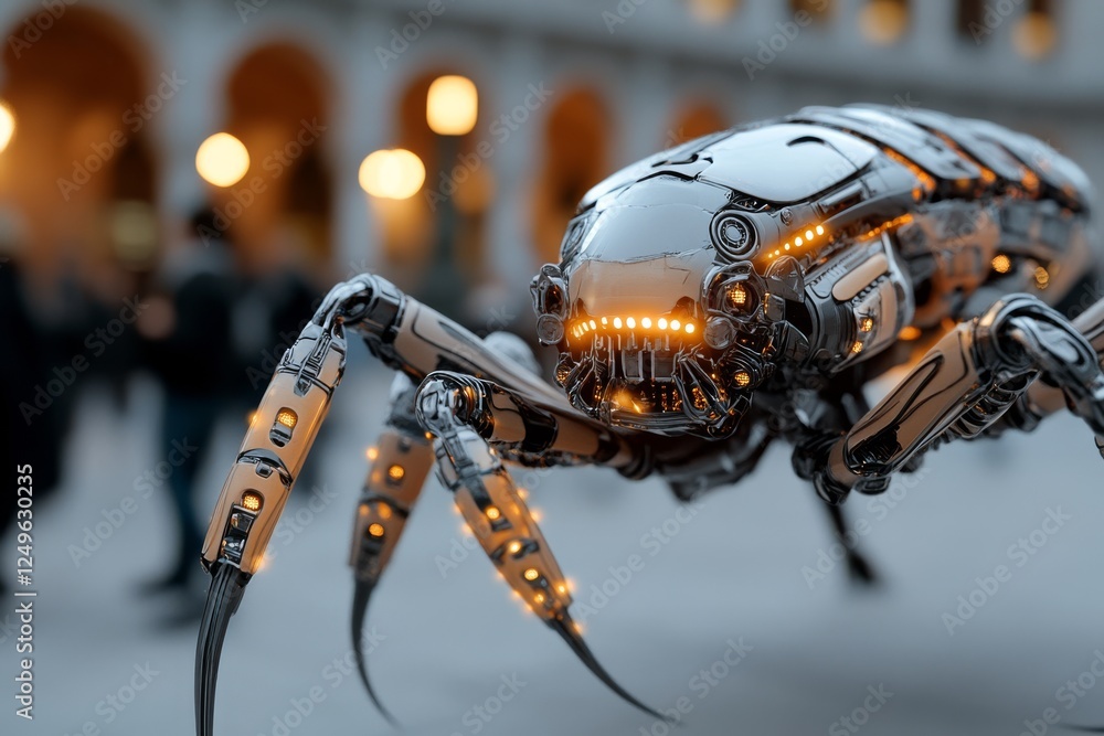 Poster robotic spider with intricate metallic design and glowing features captured in an urban setting at d