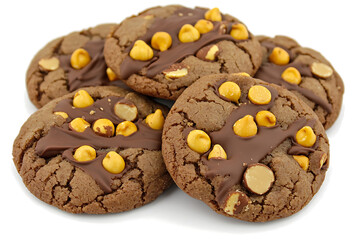 A delectable pile of chocolate cookies adorned with melted chocolate and scattered butterscotch chips on a clean white background.