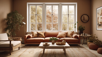 A vibrant living room featuring a teal sofa with white cushions on one side