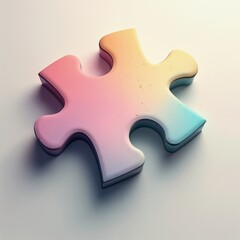 Obraz premium A single glossy puzzle piece with a gradient from pink to blue, set against a neutral background. Subtle shadows highlight its three dimensional design.