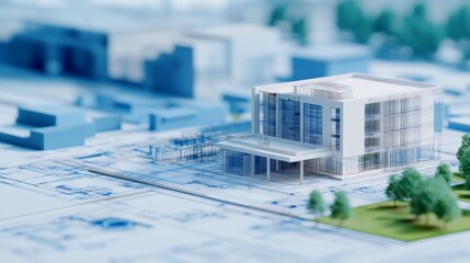 Modern architectural model showcasing a sleek building design with surrounding landscape elements