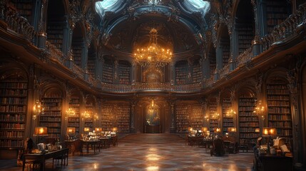Obraz premium A grand, ornate library filled with books and illuminated by chandeliers.