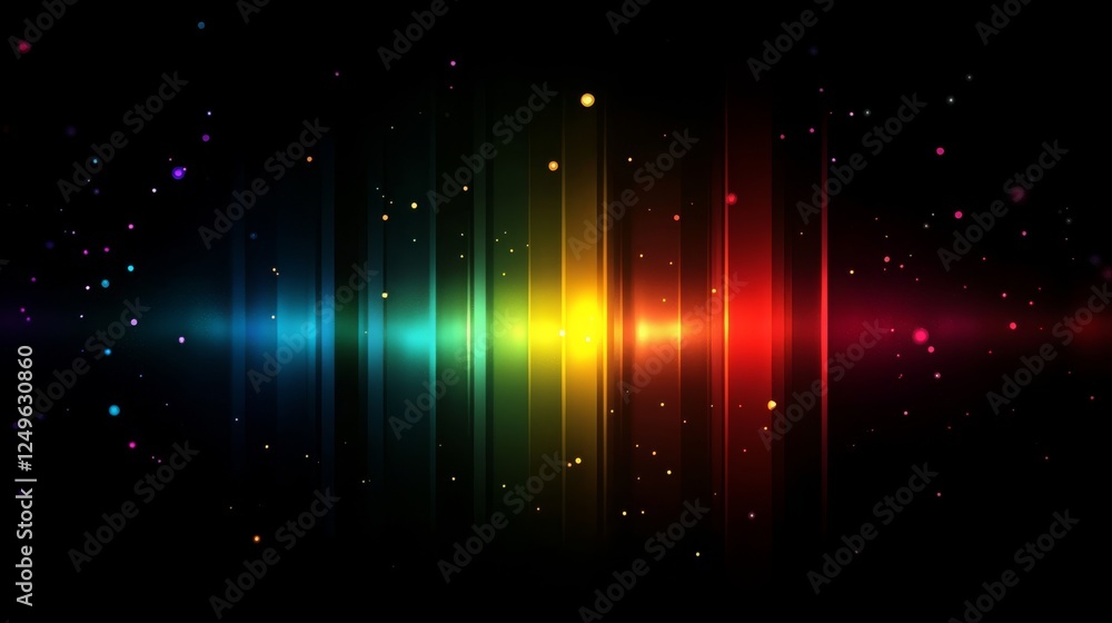 Poster a vibrant and abstract depiction featuring colorful rays and beautiful sparkles, which create an enc