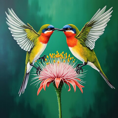 Tailed Bee Eater Mating on Flower Backdrop.