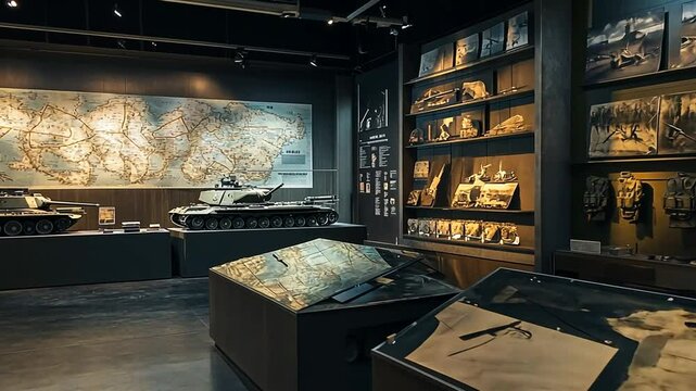 Interior view of a museum displaying tanks, military artifacts and a map of Europe