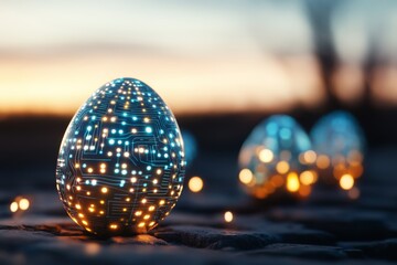 Decorative eggs with digital design illuminated at sunset on a stone pathway