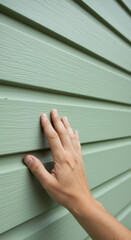 Touching Green Siding: Hand Texturing Exterior Wall, Vinyl, House Paint, Building Material, Renovation, Home Improvement Close-up.