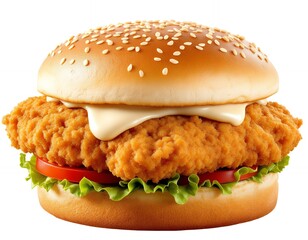 Crispy Chicken Sandwich on a Bun with Lettuce and Tomato
