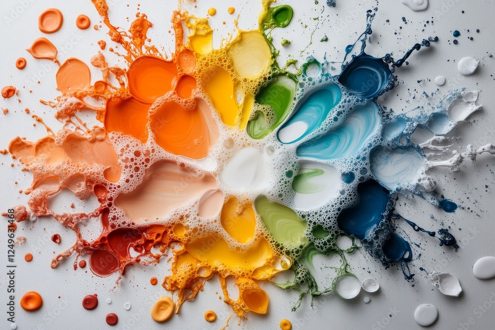 Poster vibrant splashes of color blending together on a white surface create an abstract artistic display i