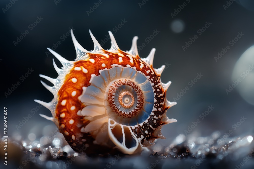 Poster stunning close-up of a unique seashell showcasing intricate patterns and textures in a coastal envir