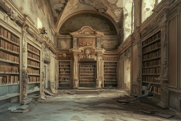 Fototapeta premium Abandoned library filled with dust and forgotten books in a historic building