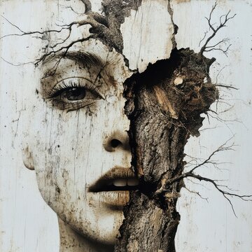 A conceptual portrait blends a female face with tree bark