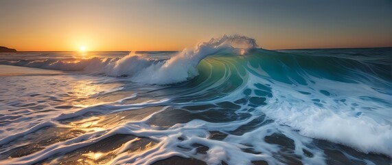 Obraz premium Dynamic Image of Racing Waves at the Beach Their Foam Glinting Brightly Against a Backdrop of an Azure Sky and Setting Sun