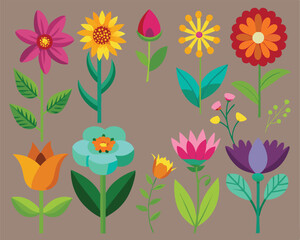 a set of colorful flowers with leaves vector design