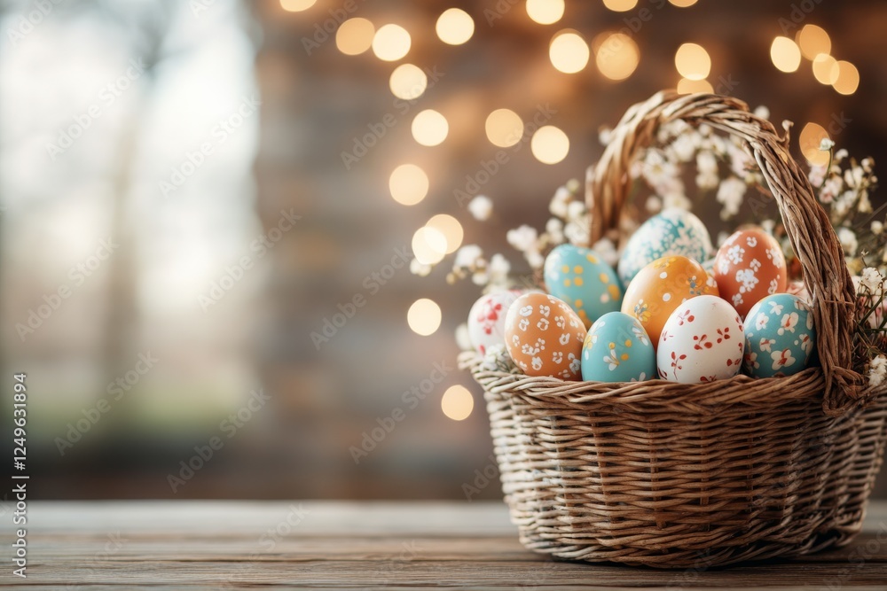 Poster colorful easter eggs in a wicker basket with soft bokeh background creating a festive atmosphere for