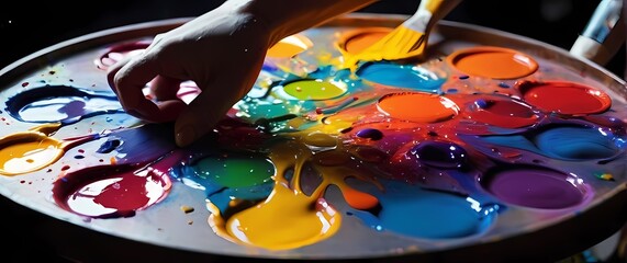 Dynamic closeup of paint splatters on an artists palette celebrating the vibrancy and joy of creative expression in every color