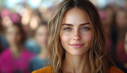 Fototapeta premium Focused Woman with Long Hair Framed Elegantly in Front of an Attentive Crowd