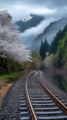 Fototapeta premium Cherry blossoms along train tracks create a picturesque contrast against the tranquil backdrop of a wooded area in springtime