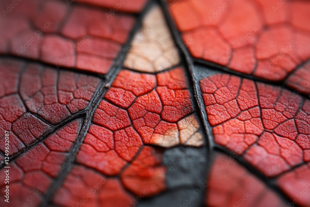Poster close-up view of a vibrant red leaf showcasing intricate vein patterns and textures in natural light
