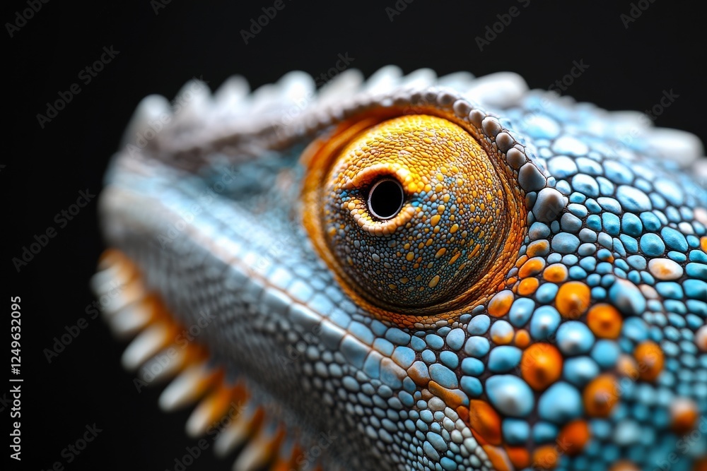 Poster close-up view of a colorful lizard showcasing intricate patterns and textures under soft lighting