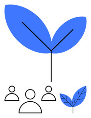 Large abstract blue leaves supported by a thin black stem above minimalistic team icons and a smaller leaf. Ideal for teamwork, sustainability, innovation, collaboration, leadership, eco-friendly
