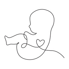 Baby in the womb heart shaped with umbilical cord Line drawing Logo.