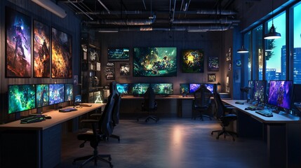 Modern Gamer's Loft Cyberpunk-Inspired Gaming Room with Multiple Monitors and Artistic Wall Decor