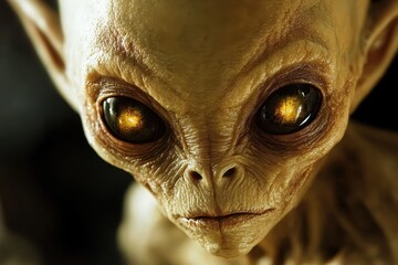 Mysterious alien figure with large eyes observing its surroundings in a dark setting