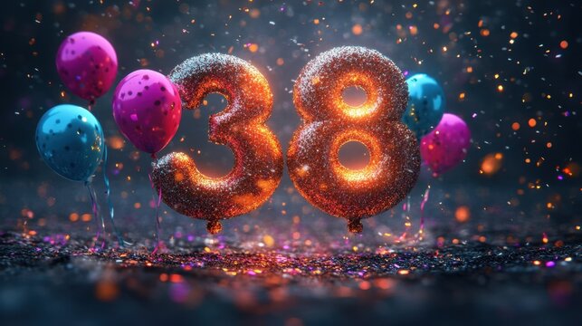 Celebrating a special moment with sparkling 38 balloons and vibrant confetti in a festive atmosphere