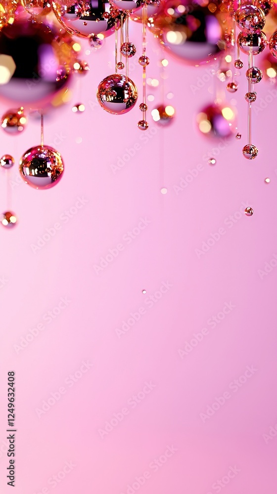 Poster a pink background adorned with sparkling balls suspended from the ceiling and a pink backdrop featur