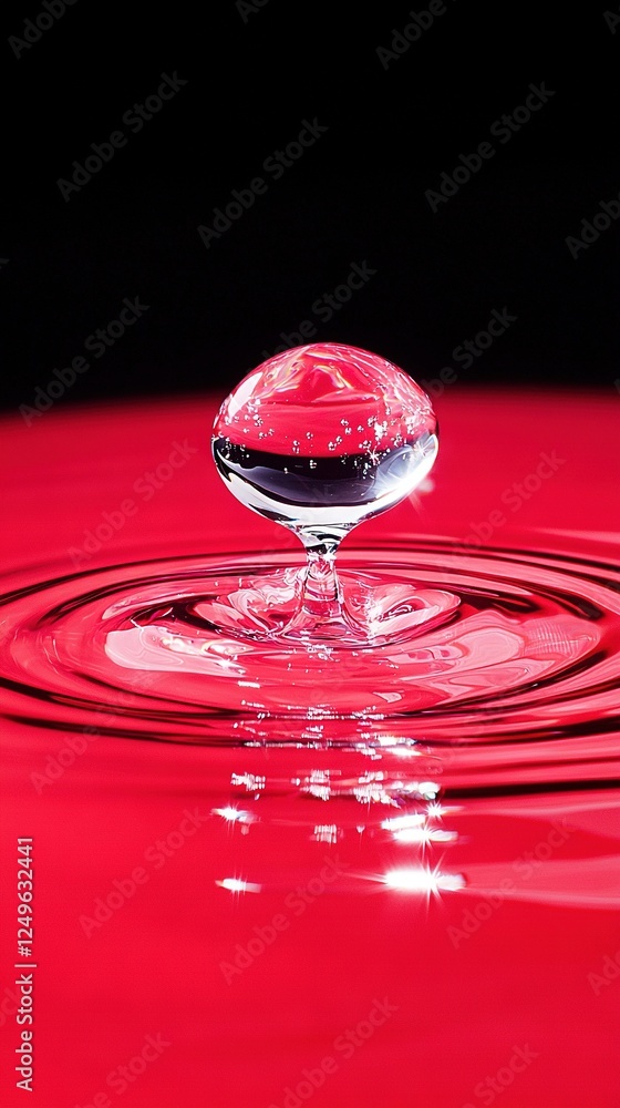 Poster a macro shot of a scarlet layer featuring a droplet of water at its center on a dark canvas backdrop