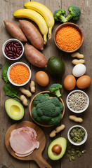 Healthy Foods Flat Lay: Nutrient-Rich Diet with Fruits, Veggies, Proteins, Seeds & Legumes for Balanced Nutrition & Wellbeing
