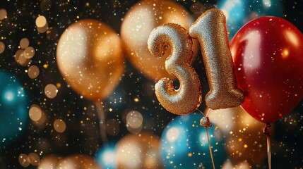 Celebration of a milestone birthday with vibrant balloons and sparkling decorations in a lively atmosphere