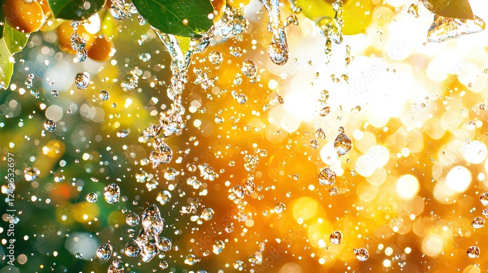 Poster a detailed image of water droplets on a leafy tree with sunlight filtering through the surrounding f