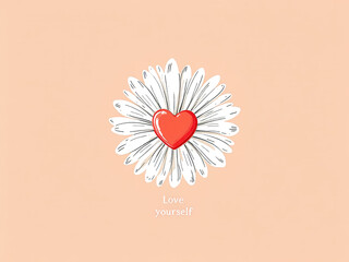 White Daisy with Red Heart Center and "Love Yourself" Text on Peach Background