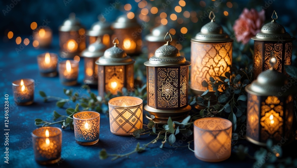 Poster decorative lanterns illuminate a serene space with soft glows and intricate patterns during an eveni
