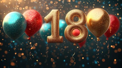 Celebrate turning eighteen with vibrant balloons and sparkling decorations in a joyous atmosphere of fun and excitement