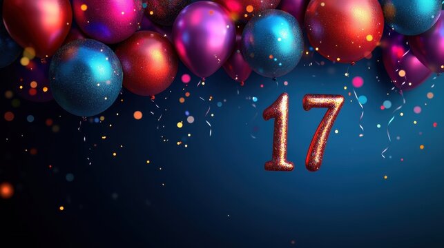 Colorful celebration featuring bright balloons and sparkling number marking a special occasion of turning seventeen