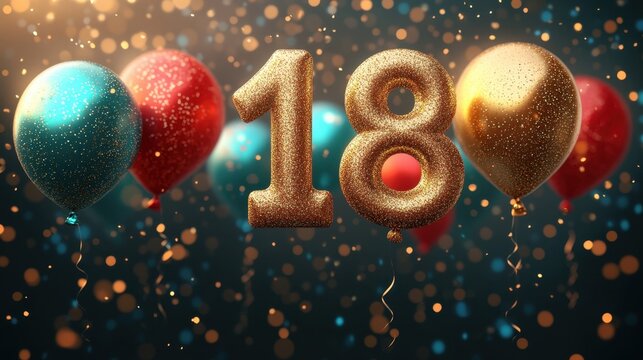 Celebrate turning eighteen with vibrant balloons and sparkling decorations in a joyous atmosphere of fun and excitement