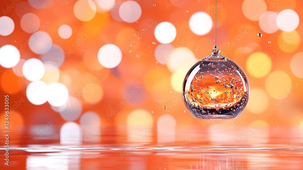 Poster a clear glass ornament dangles from a string in front of an orange and white circle backdrop