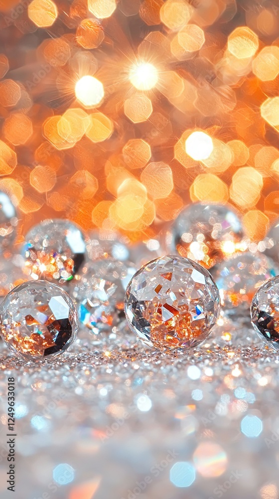 Poster a set of reflective glass orbs resting on a sparkly floor with a gold and white backdrop