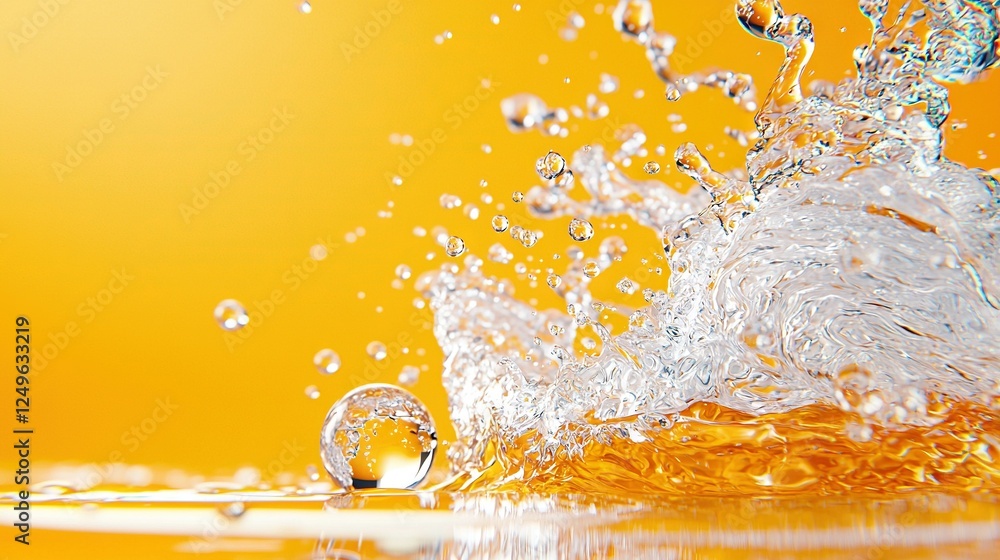 Poster a yellow background featuring water cascading down from the top and splashing onto the bottom