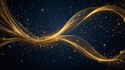 Fototapeta premium Glittering abstract background with swirling golden particles and elegant ribbon-like shapes set against a deep navy blue backdrop. Ai generative.